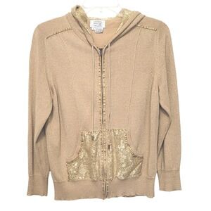 Just B Gold Metallic Sequin Lace Zip Up Hoodie Sweater Womens Medium Champagne